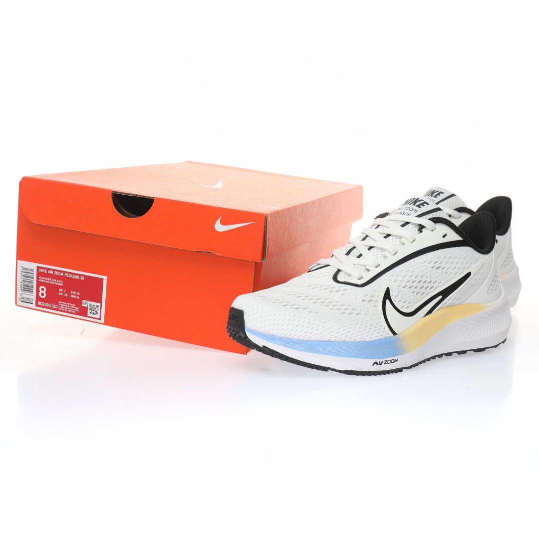 Nike Air Zoom Pegasus 39代超級飛馬渦輪增壓馬拉松休閒運動慢跑鞋「網織白黑藍黃漸變」