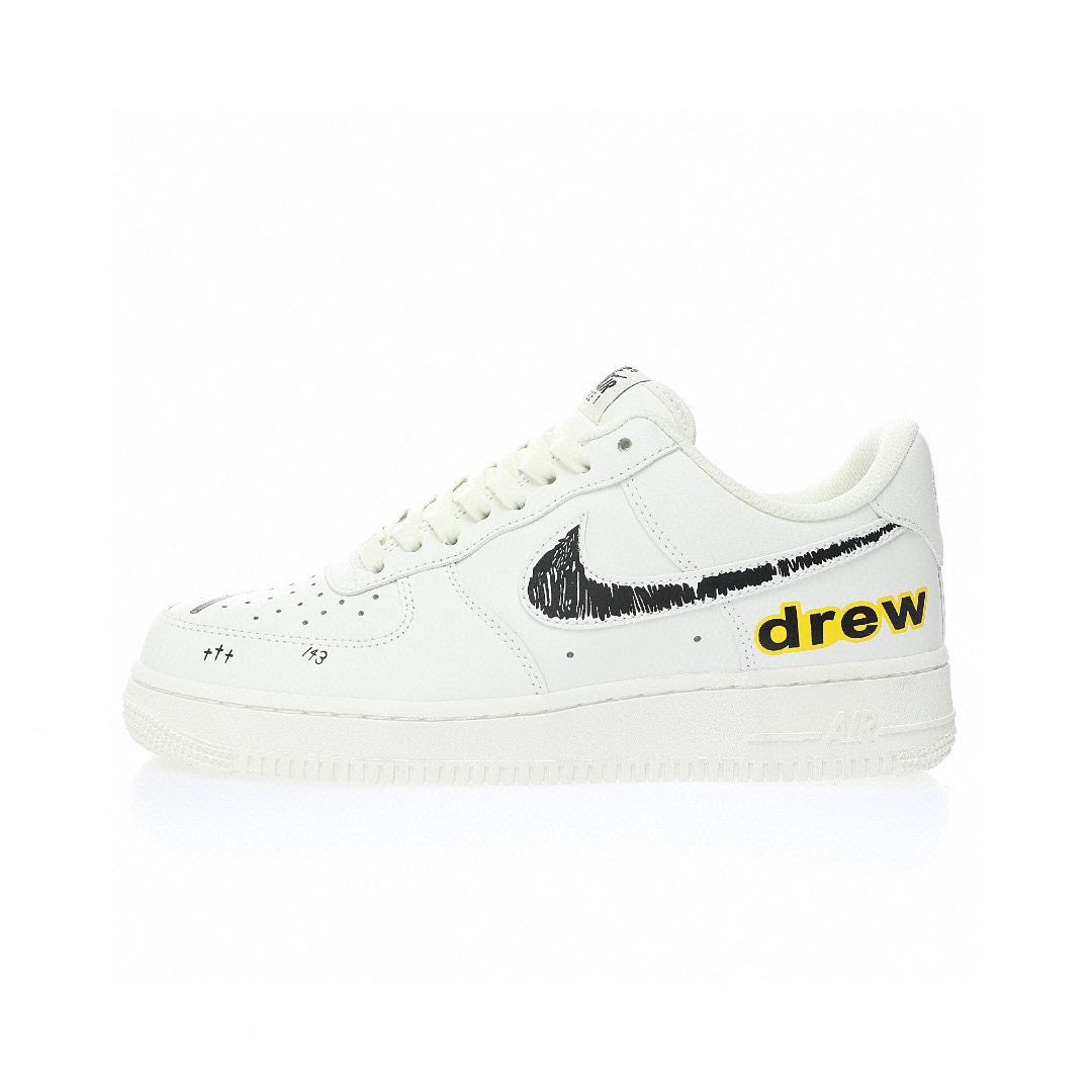 Nike Air Force 1 “皮革白黑黃Drew塗鴉”
