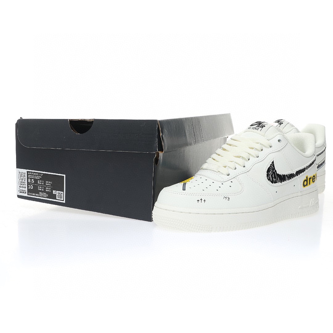 Nike Air Force 1 “皮革白黑黃Drew塗鴉”