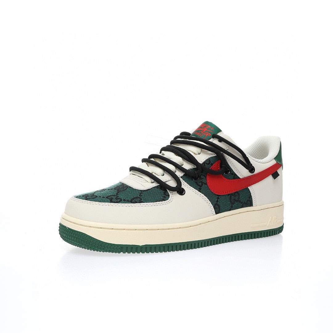 Nike Air Force 1 07 LV8 Low"Beige White/Green/Black GG"空軍一號經典低幫百搭休閒運動板鞋「拼接米白紅綠黑GG布綁繩」