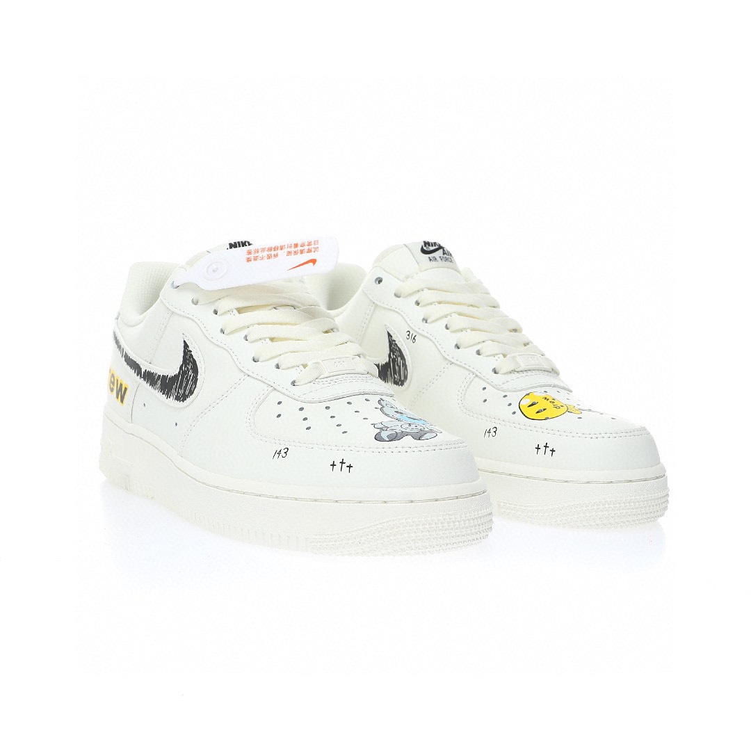 Nike Air Force 1 “皮革白黑黃Drew塗鴉”