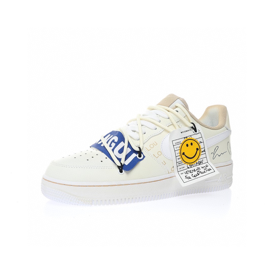 Nike Air Force 1 「米白寶藍黃笑臉綁繩」