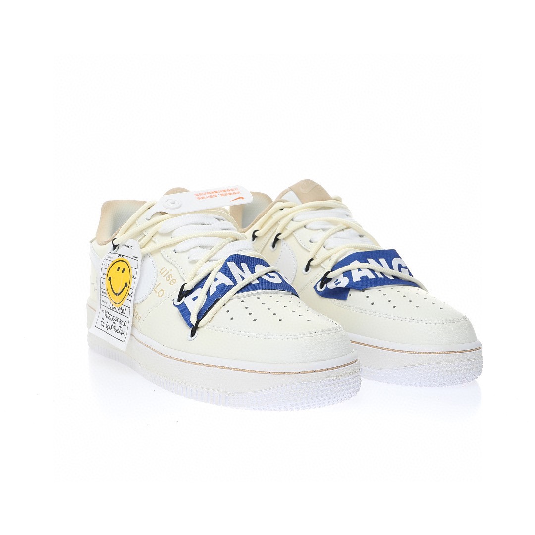 Nike Air Force 1 「米白寶藍黃笑臉綁繩」