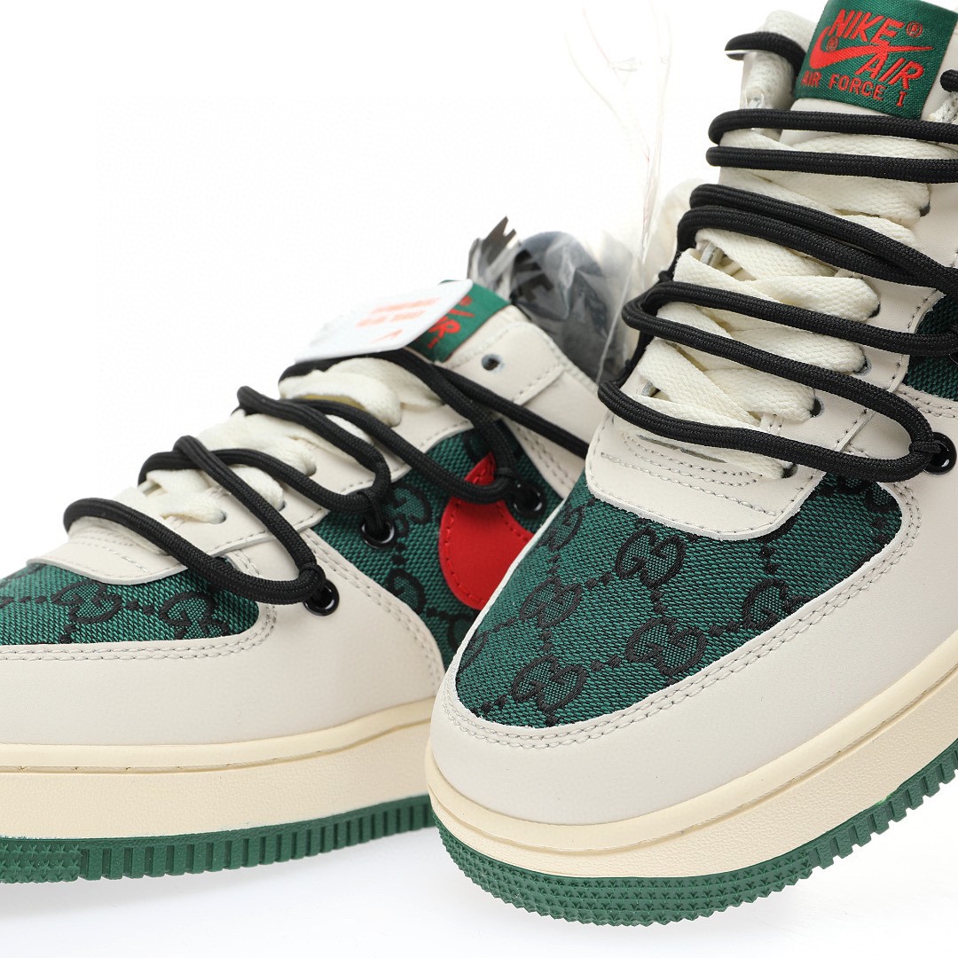 Nike Air Force 1 07 LV8 Low"Beige White/Green/Black GG"空軍一號經典低幫百搭休閒運動板鞋「拼接米白紅綠黑GG布綁繩」