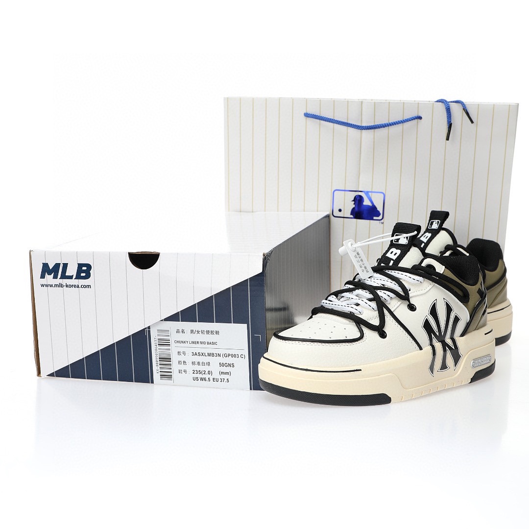 New York Yankees x MLB Chunky Liner Low 皮革米棕黑NY印花綁繩