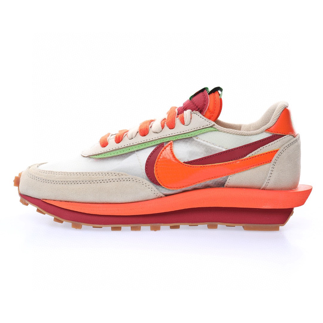 CLOT x Sacai x Nike LDV Waffle"Net/Orange Blaze-Deep Red-Green"重疊設計前衛華夫變形休閒慢跑鞋「三米橙火焰深紅綠豆」