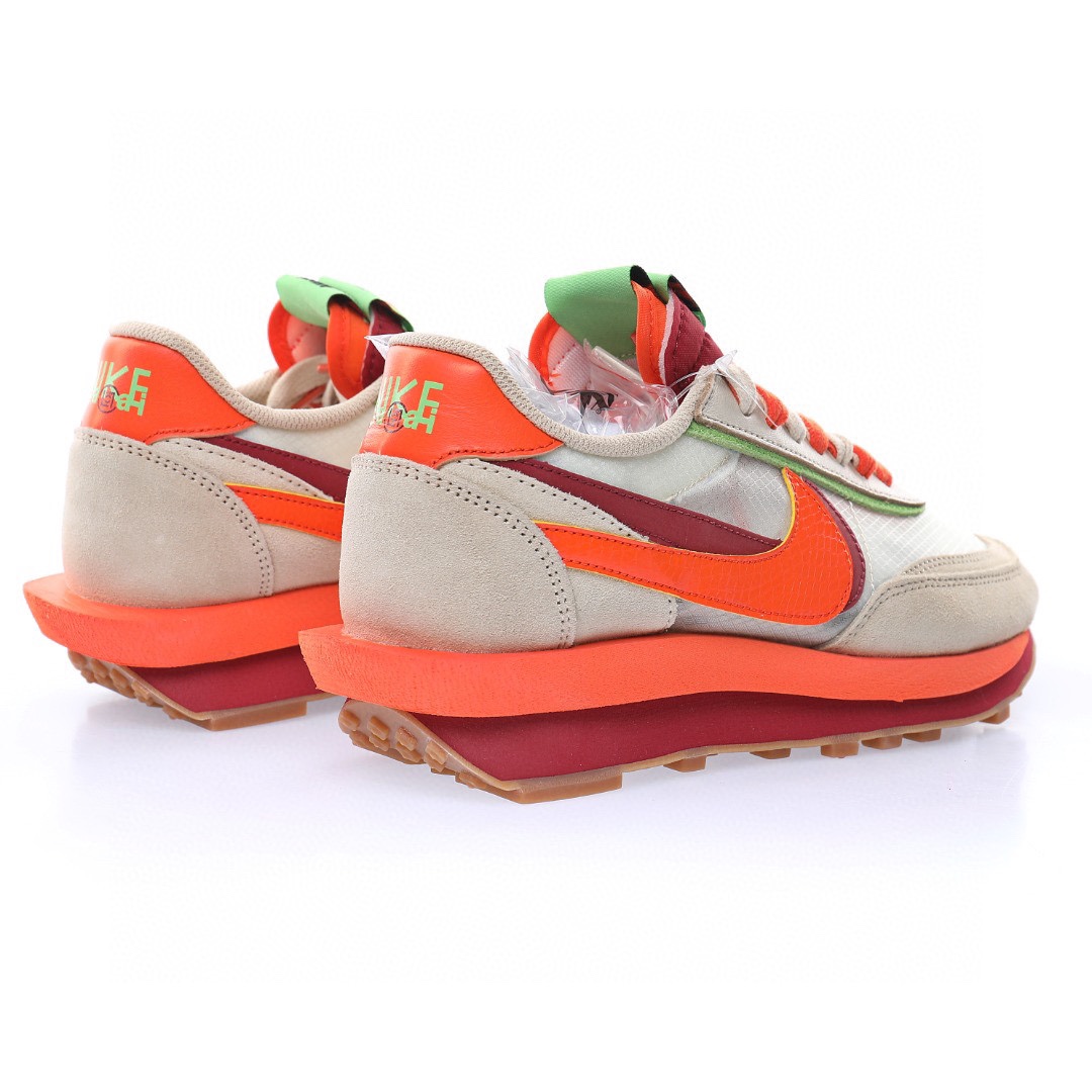 CLOT x Sacai x Nike LDV Waffle"Net/Orange Blaze-Deep Red-Green"重疊設計前衛華夫變形休閒慢跑鞋「三米橙火焰深紅綠豆」
