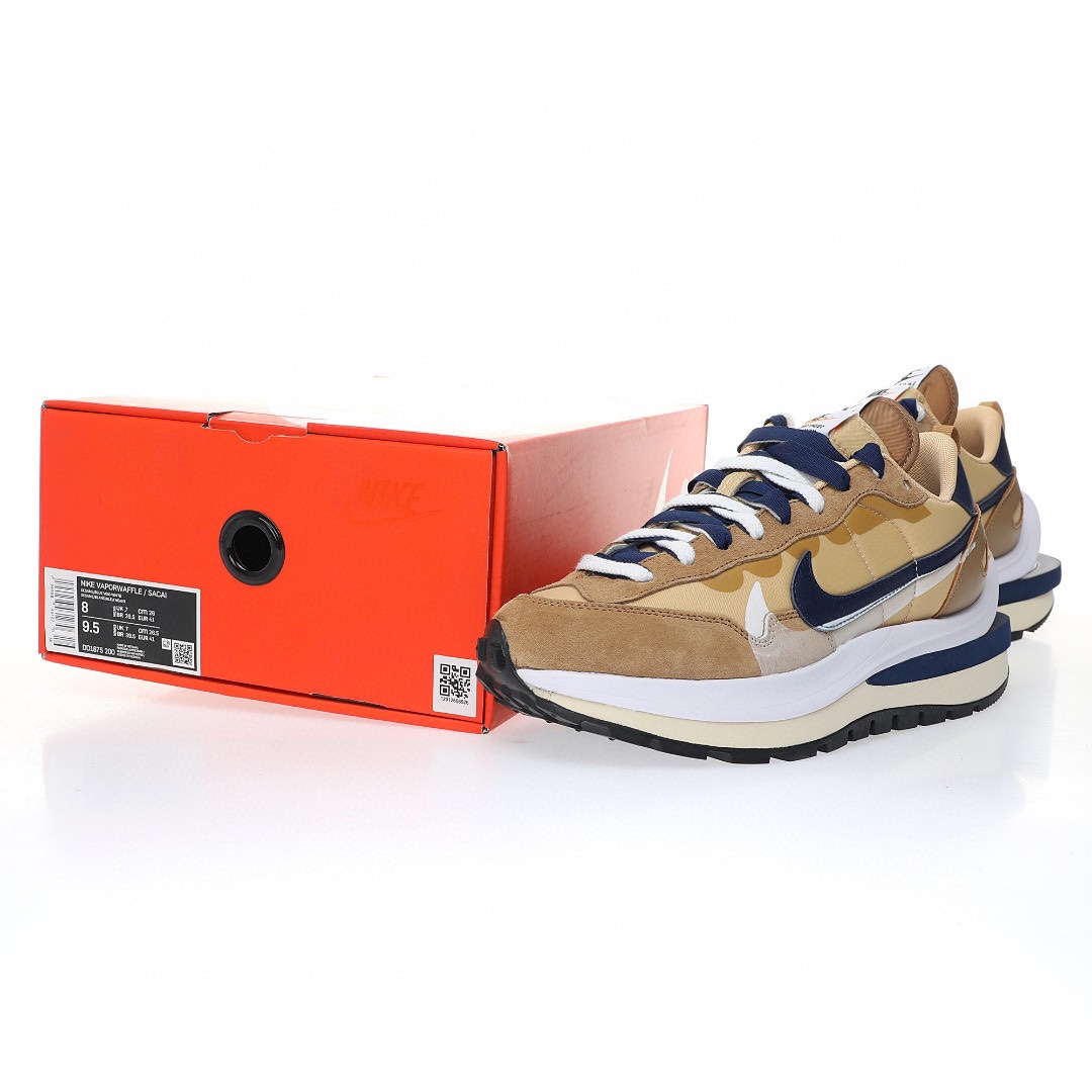 Sacai x Nike VaporWaffle 3.0"Sesame Blue Void"系列改良馬拉松變形解構前衛設計五層底休閒運動慢跑鞋「厚布奶茶黃夜藍白大重疊雙鈎子」