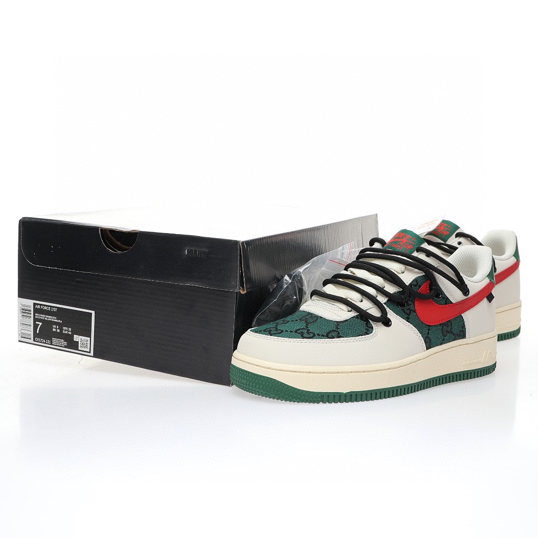 Nike Air Force 1 07 LV8 Low"Beige White/Green/Black GG"空軍一號經典低幫百搭休閒運動板鞋「拼接米白紅綠黑GG布綁繩」
