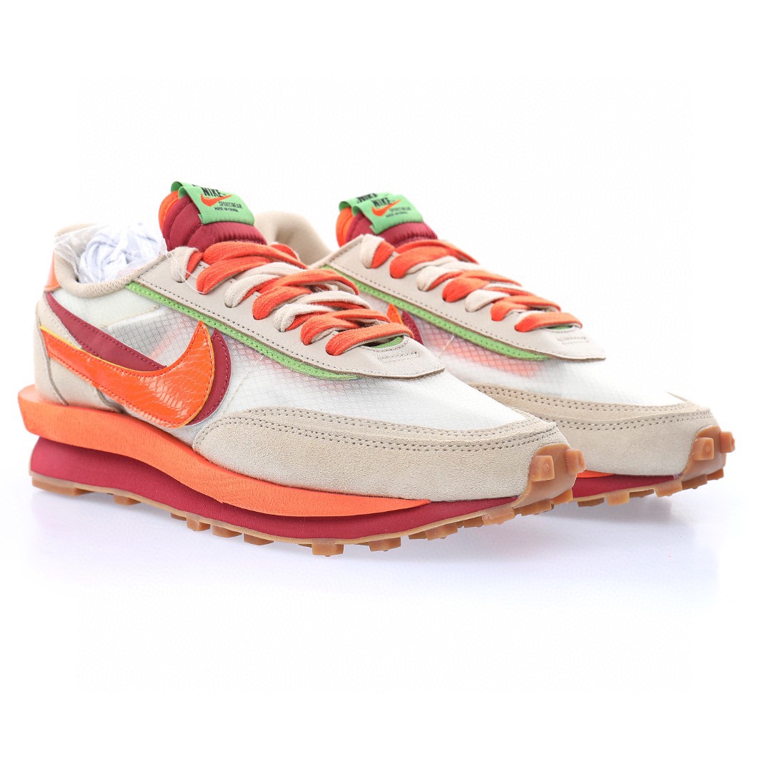 CLOT x Sacai x Nike LDV Waffle"Net/Orange Blaze-Deep Red-Green"重疊設計前衛華夫變形休閒慢跑鞋「三米橙火焰深紅綠豆」