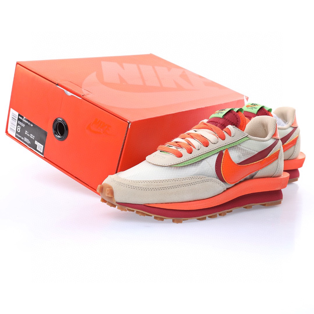 CLOT x Sacai x Nike LDV Waffle"Net/Orange Blaze-Deep Red-Green"重疊設計前衛華夫變形休閒慢跑鞋「三米橙火焰深紅綠豆」