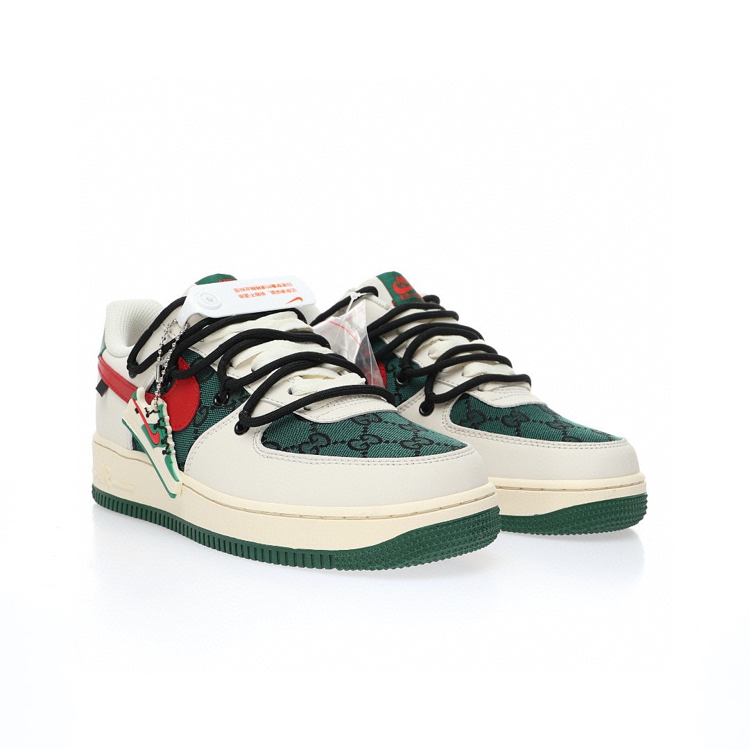 Nike Air Force 1 07 LV8 Low"Beige White/Green/Black GG"空軍一號經典低幫百搭休閒運動板鞋「拼接米白紅綠黑GG布綁繩」
