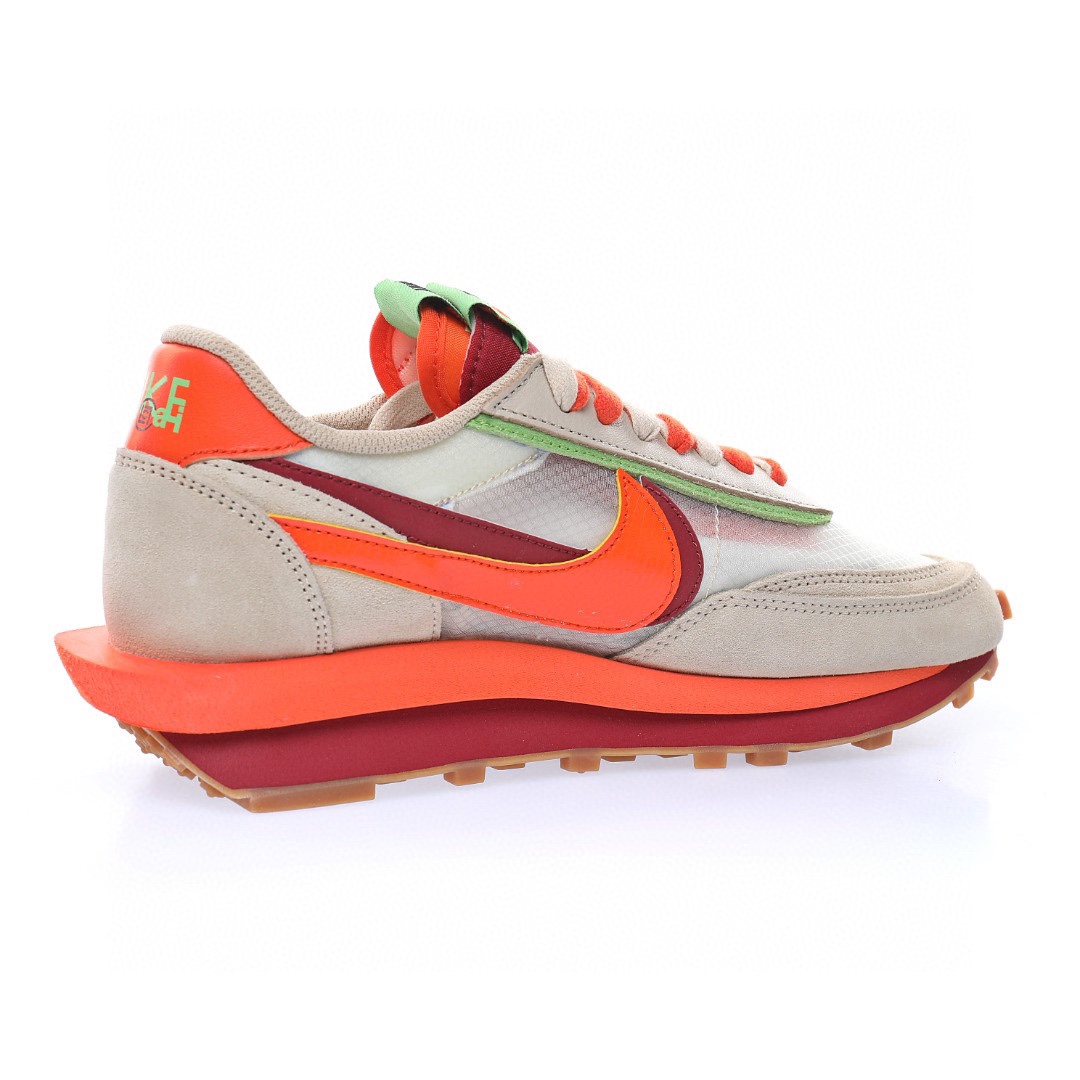 CLOT x Sacai x Nike LDV Waffle"Net/Orange Blaze-Deep Red-Green"重疊設計前衛華夫變形休閒慢跑鞋「三米橙火焰深紅綠豆」