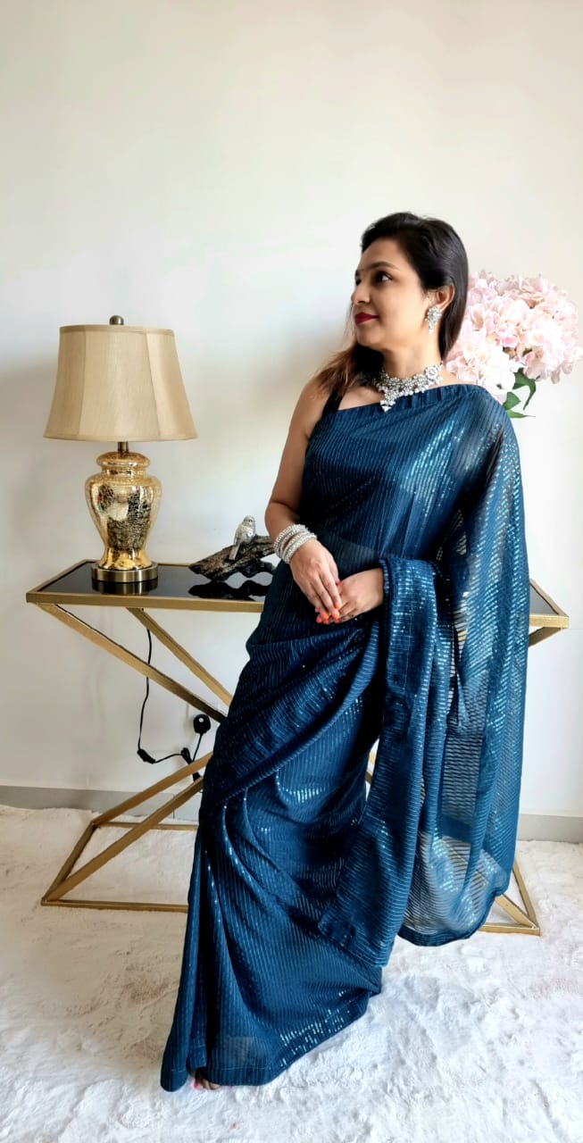 Sapphire Blue Dahlia Sequin Couture Hand Embroidered Saree – Talking  Threads Global