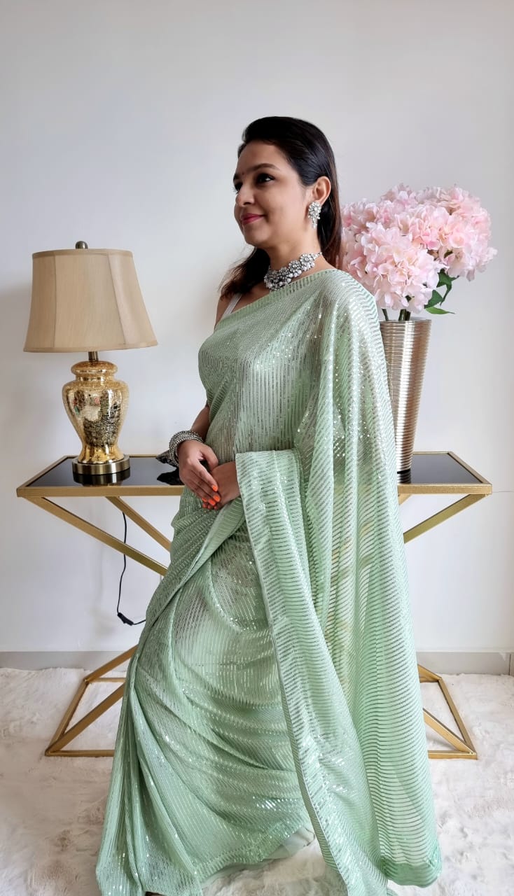 Buy Pista Green Sequins Shimmer Saree - Koskii