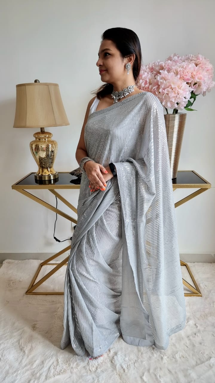 Buy Silver Net Sequins Saree in UK - Style ID: SR-3006 - Diya