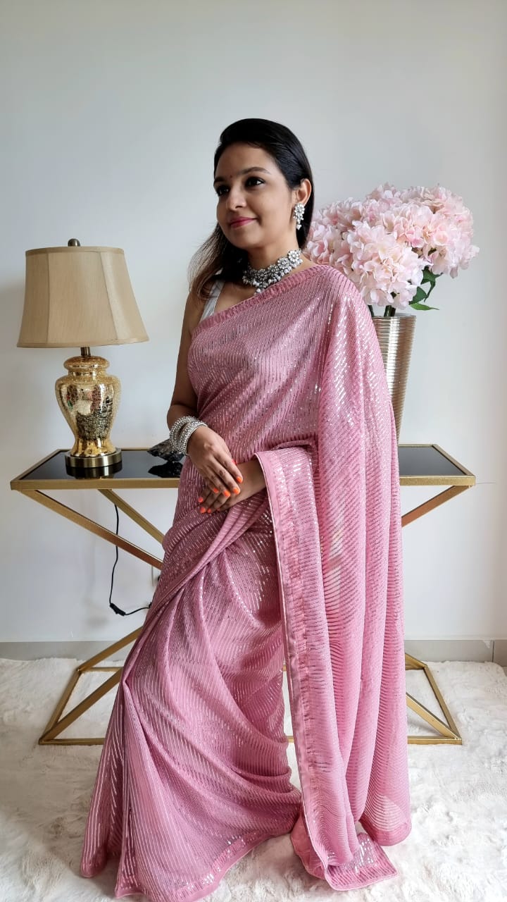 Ready Made Sequin Saree - Pink | Festival Saree | Chiro's By Jigyasa