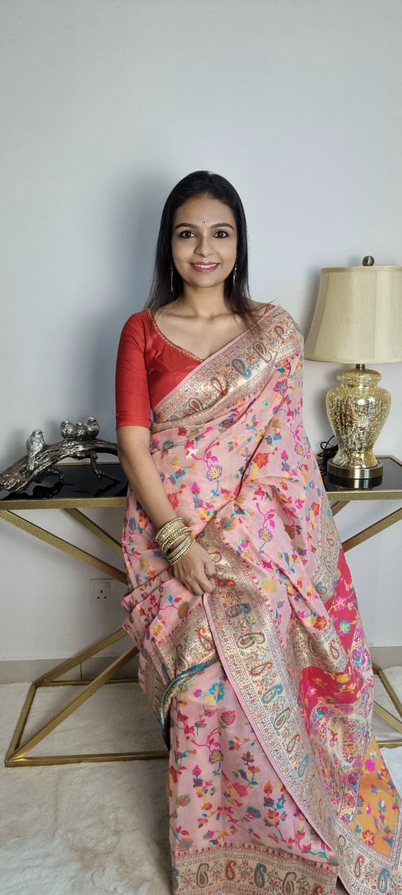 Multi-Color Kashmiri Weaving Soft Modal Silk Saree (Peach Pink)