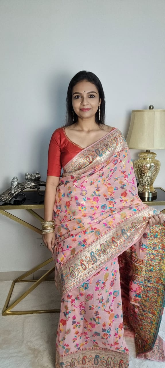 Multi-Color Kashmiri Weaving Soft Modal Silk Saree (Peach Pink)