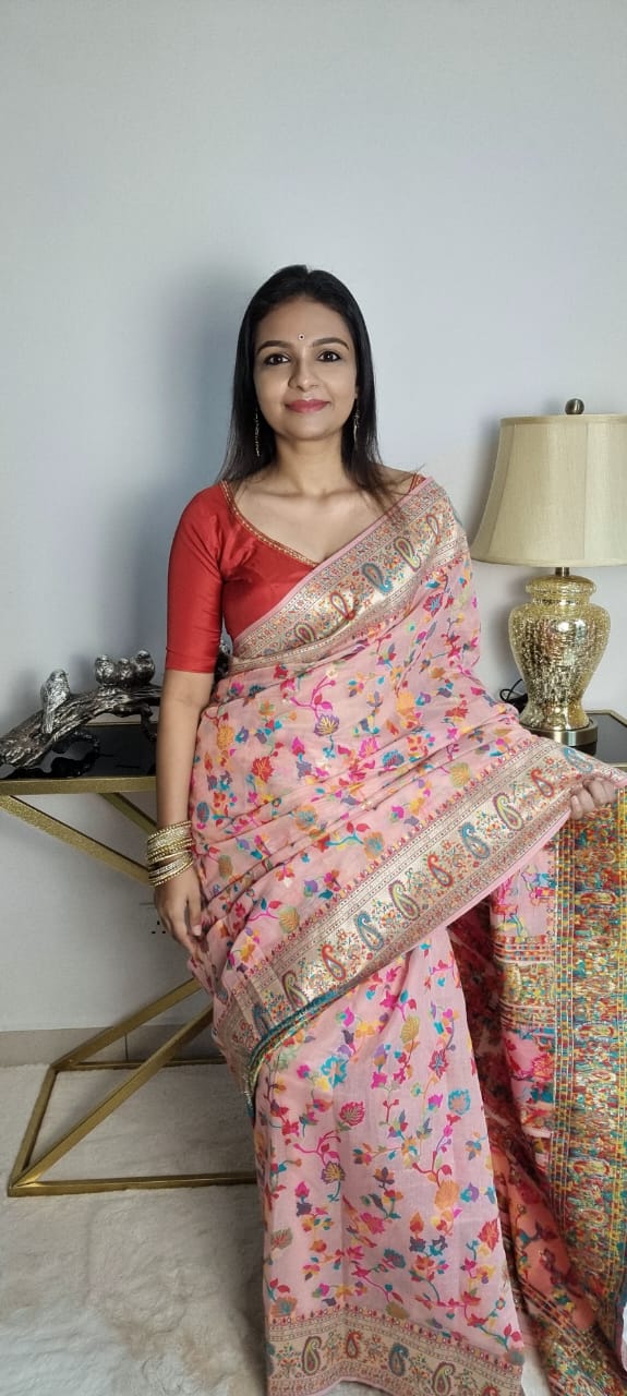 Multi-Color Kashmiri Weaving Soft Modal Silk Saree (Peach Pink)