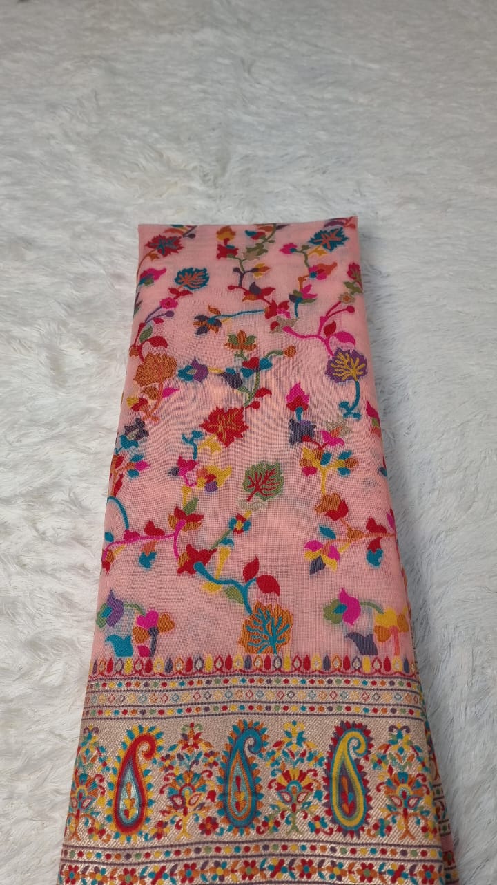 Multi-Color Kashmiri Weaving Soft Modal Silk Saree (Peach Pink)