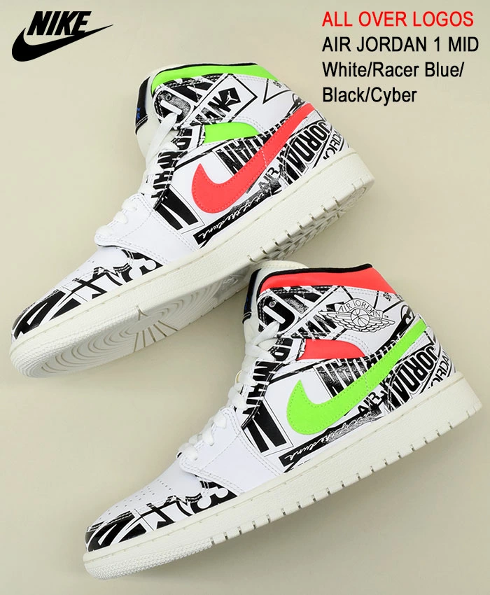 NIKE ナイキ AIR JORDAN 1 MID 'OVER-PRINT LOGOS' エア ジョーダン ワン ミッド "オーバー プリント ロゴス" メンズ スニーカー WHITE/BLACK-GREEN-RED ホワイト/ブラック-グリーン-レッド【海外展開 日本未入荷】