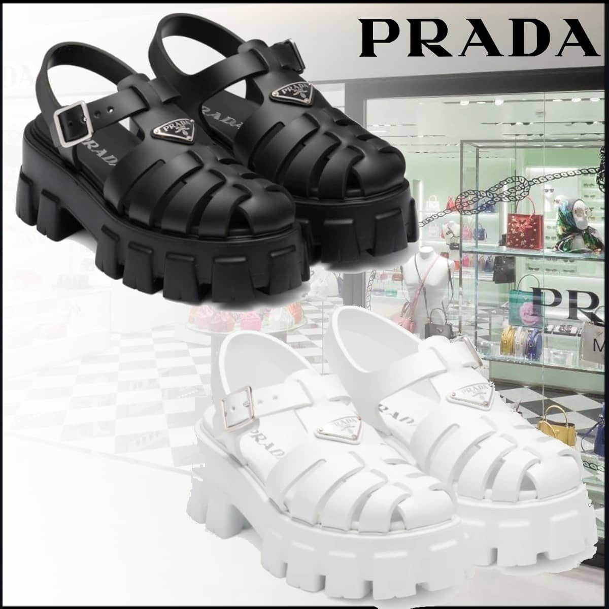 💖梅雨の時期に必須のサンダル！【PRADA直営店】雨の日も履けて万能すぎ🔥雑誌「VERY」掲載！優木 まおみさん同項のフォームラバー サンダル 男女兼用