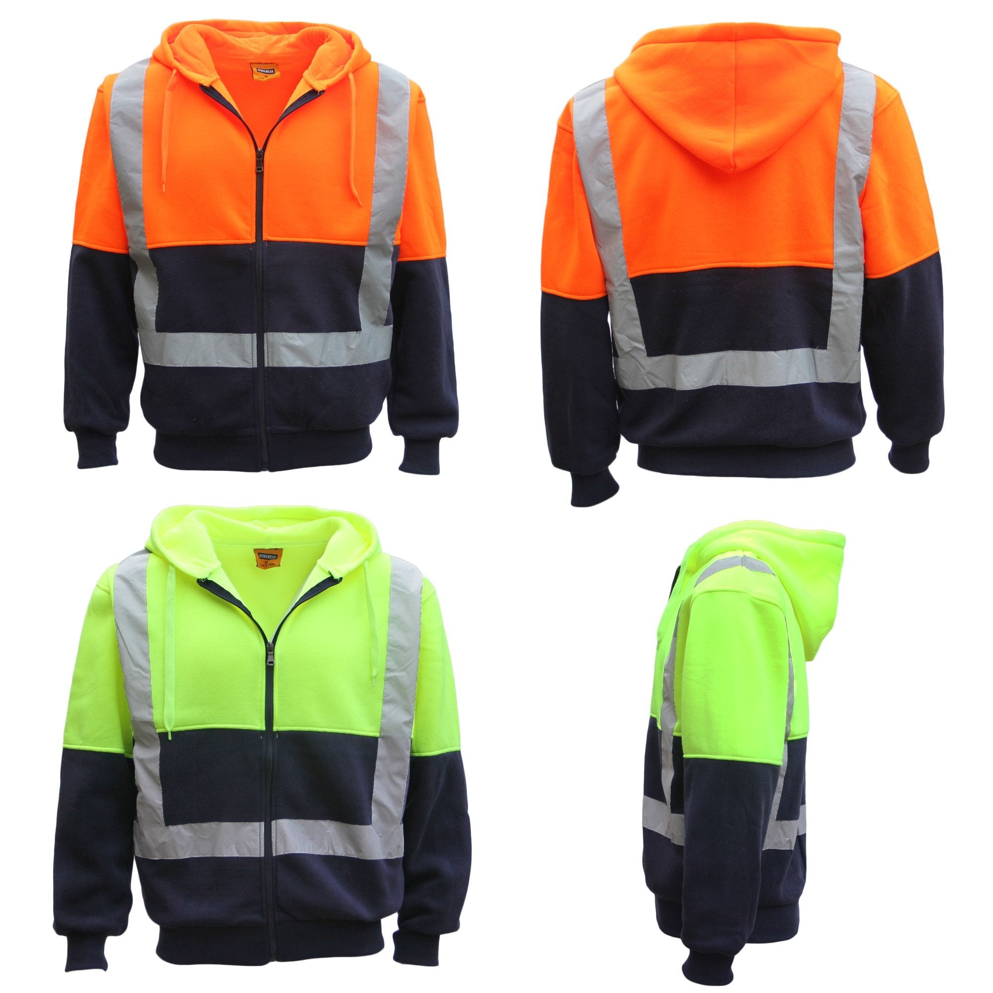 HI VIS Reflective Tape Fleece-lined Jacket FullZip Safety Hoodie Workwear Jumper - Zmart Australia