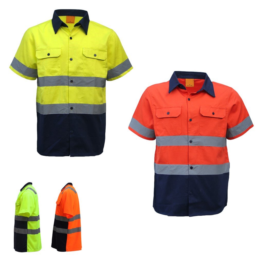 New 100% Cotton HI VIS Safety Short Sleeve Drill Shirt Workwear w Reflective Tap - Zmart Australia