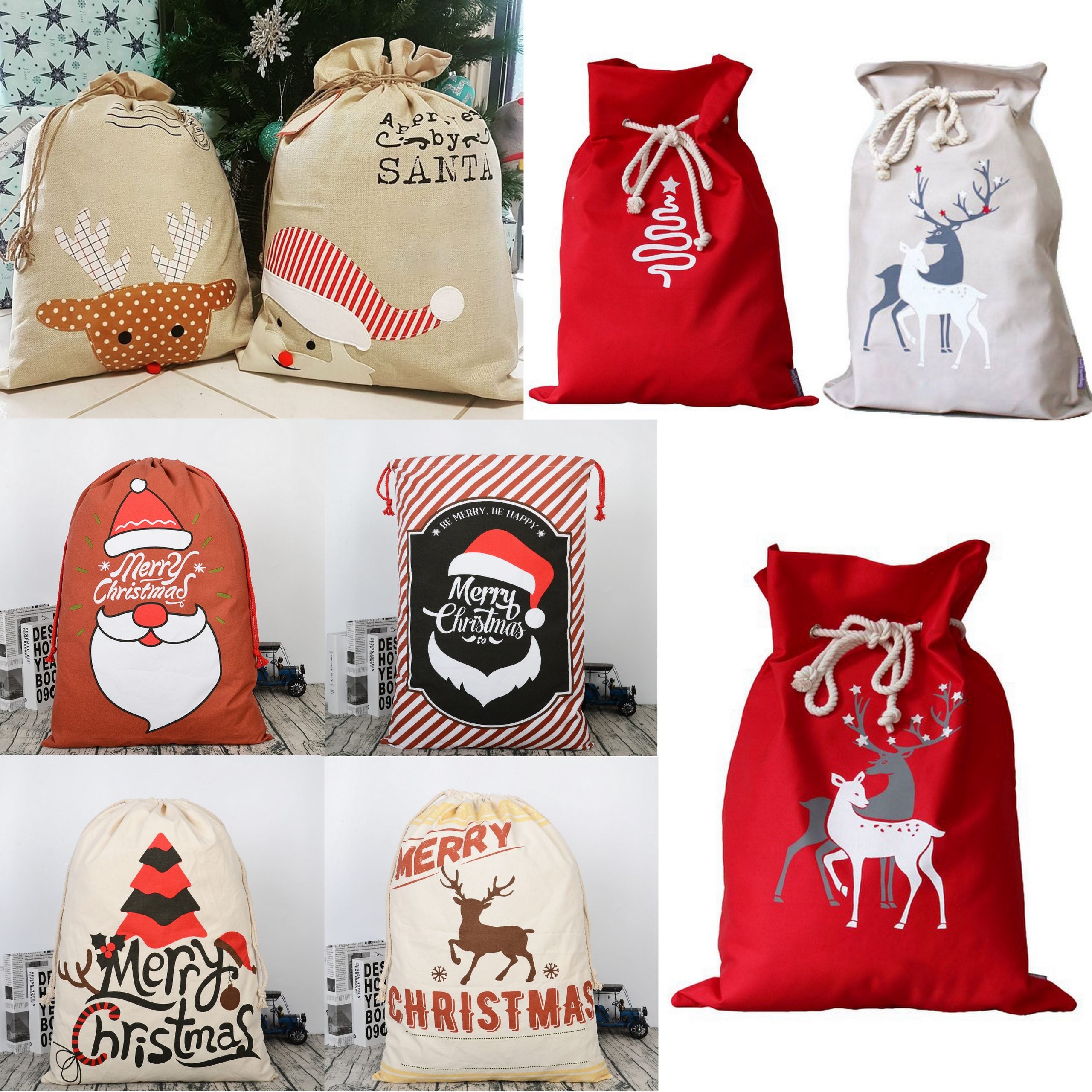 Christmas Canvas Hessian Santa Reindeer Sack Xmas Stocking Kids Gift Bag Storage - Zmart Australia