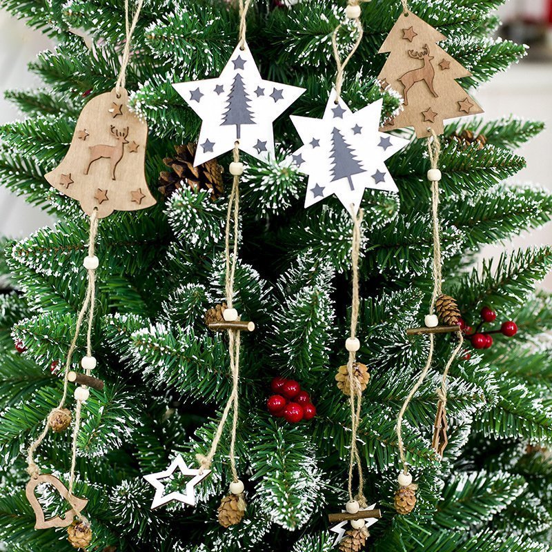 New Christmas Wooden Tree Pendants Hanging Ornaments w Pine Cone Home Xmas Decor - Zmart Australia