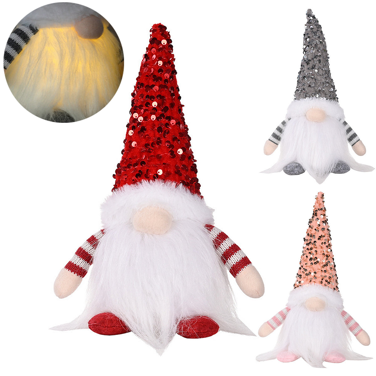 3x 30cm Christmas Light Up Faceless Santa Dolls Sequin Hat Ornament Home Decor - Zmart Australia