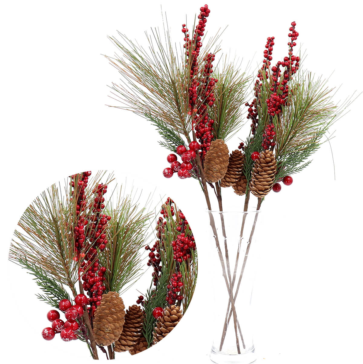 4x 50cm Christmas Artificial Flowers Pine Tree Leaves Cones Branch w Red Berry - Zmart Australia