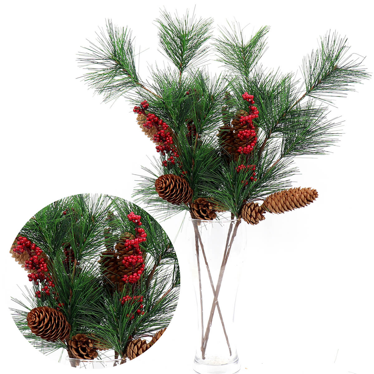 4x 52cm Christmas Artificial Flower Holly Red Berry Pine Tree Cone Leaves Branch - Zmart Australia