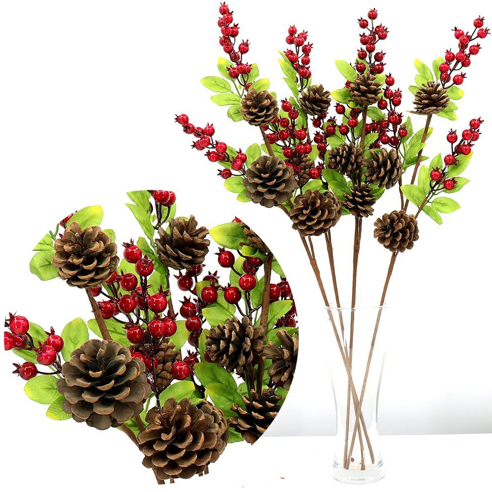 4x 65cm Christmas Artificial Flowers Holly Branch Berry Leaves Pine Cones Wreath - Zmart Australia