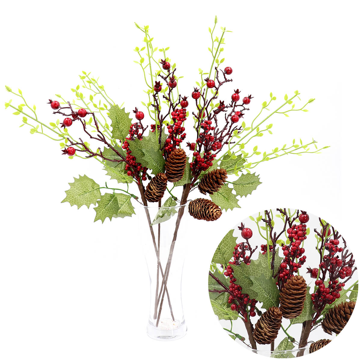 4x52cm Christmas Artificial Flower Holly Red Berry Pine Cone Green Leaves Branch - Zmart Australia