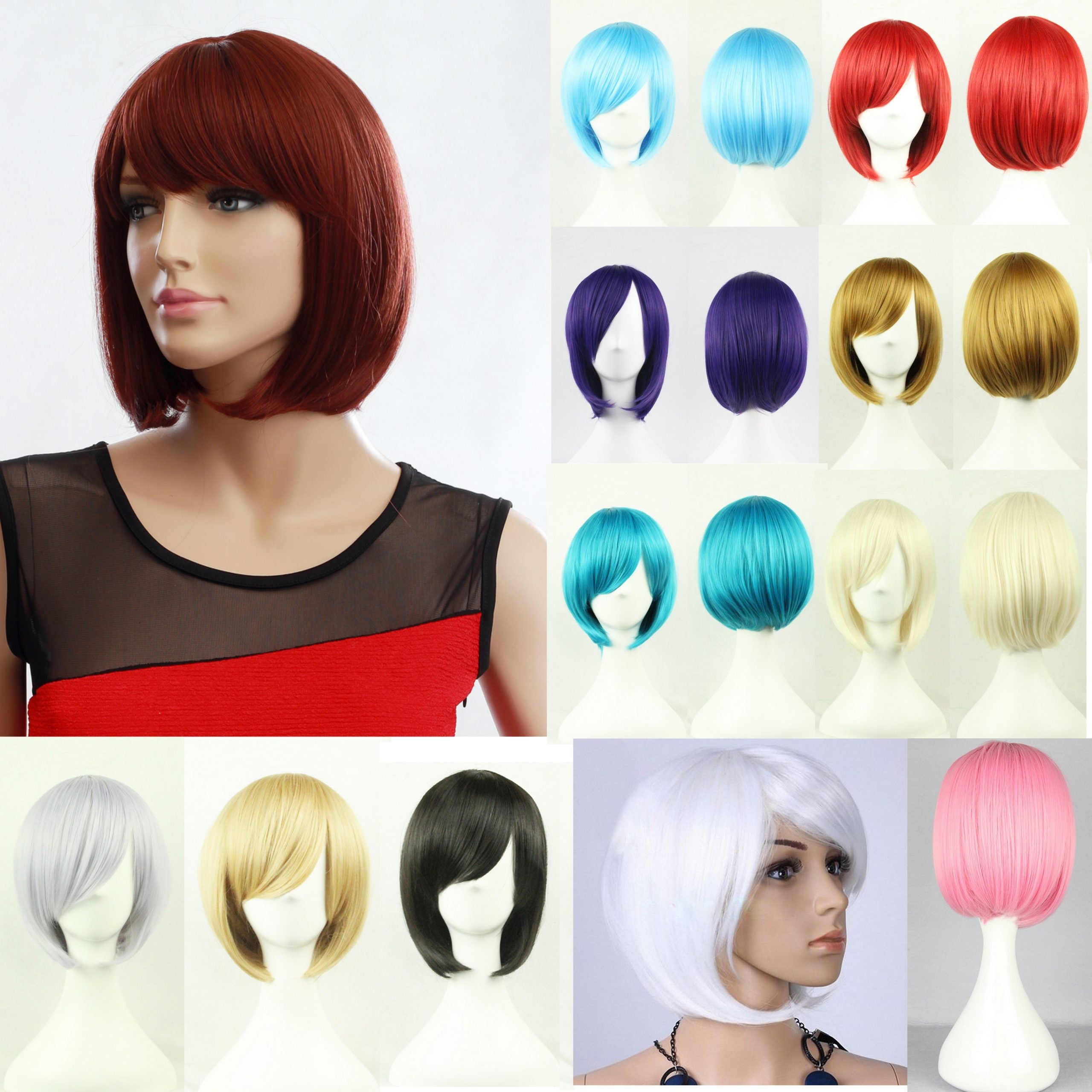 Womens Short 30cm Straight Synthetic BOB Wigs w Side Bangs Cosplay Costume Party - Zmart Australia