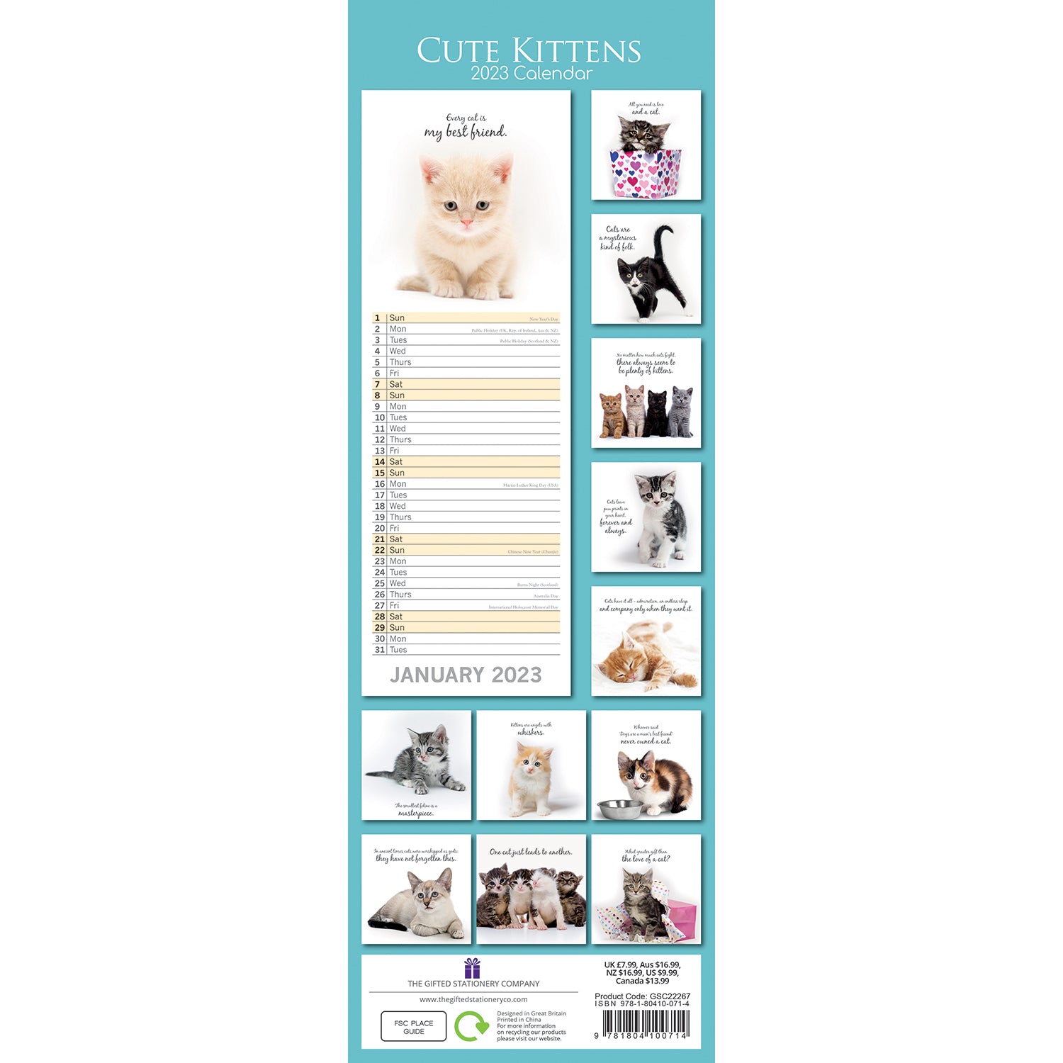 2023 Cute Kittens Slimline Slim Wall Calendar Hanging Planner New Year Gift Zmart Australia
