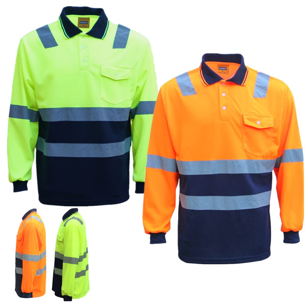 HI VIS Long Sleeve Workwear Shirt w Reflective Tape Cool Dry Safety Polo 2 Tone - Zmart Australia
