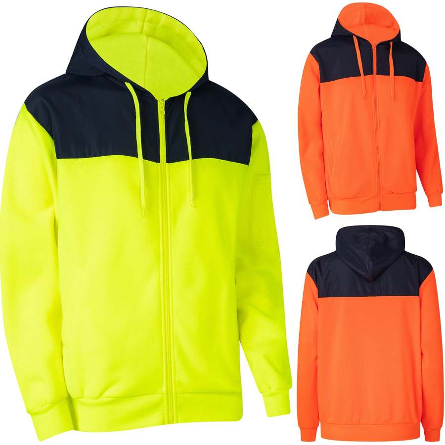 HI VIS Hooded Safety Jacket Hoodie Full Zip Tradie Workwear Fleece ...