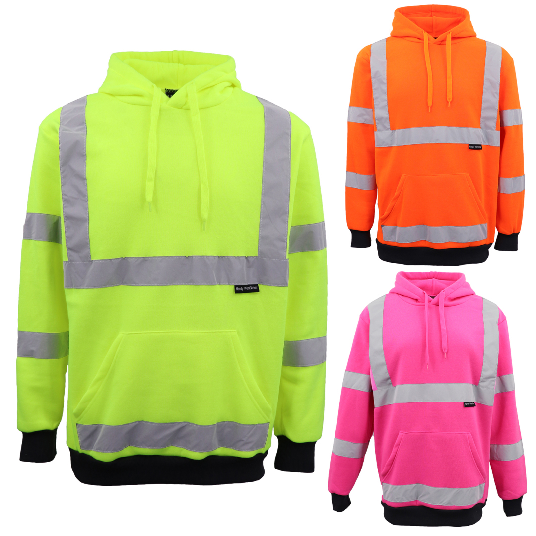 HI VIS Hooded Safety Jumper Hoodie Sweatshirt Tradie Workwear Fleece
