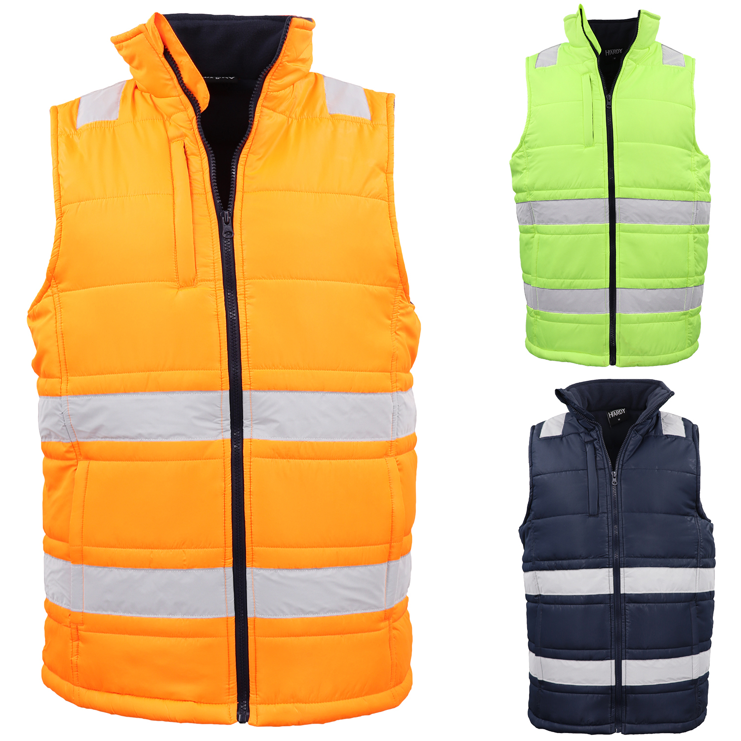 Hi Vis Puffer Workwear Vest Zip Up w Reflective Tape Quilted Puffy Tradie Jacket