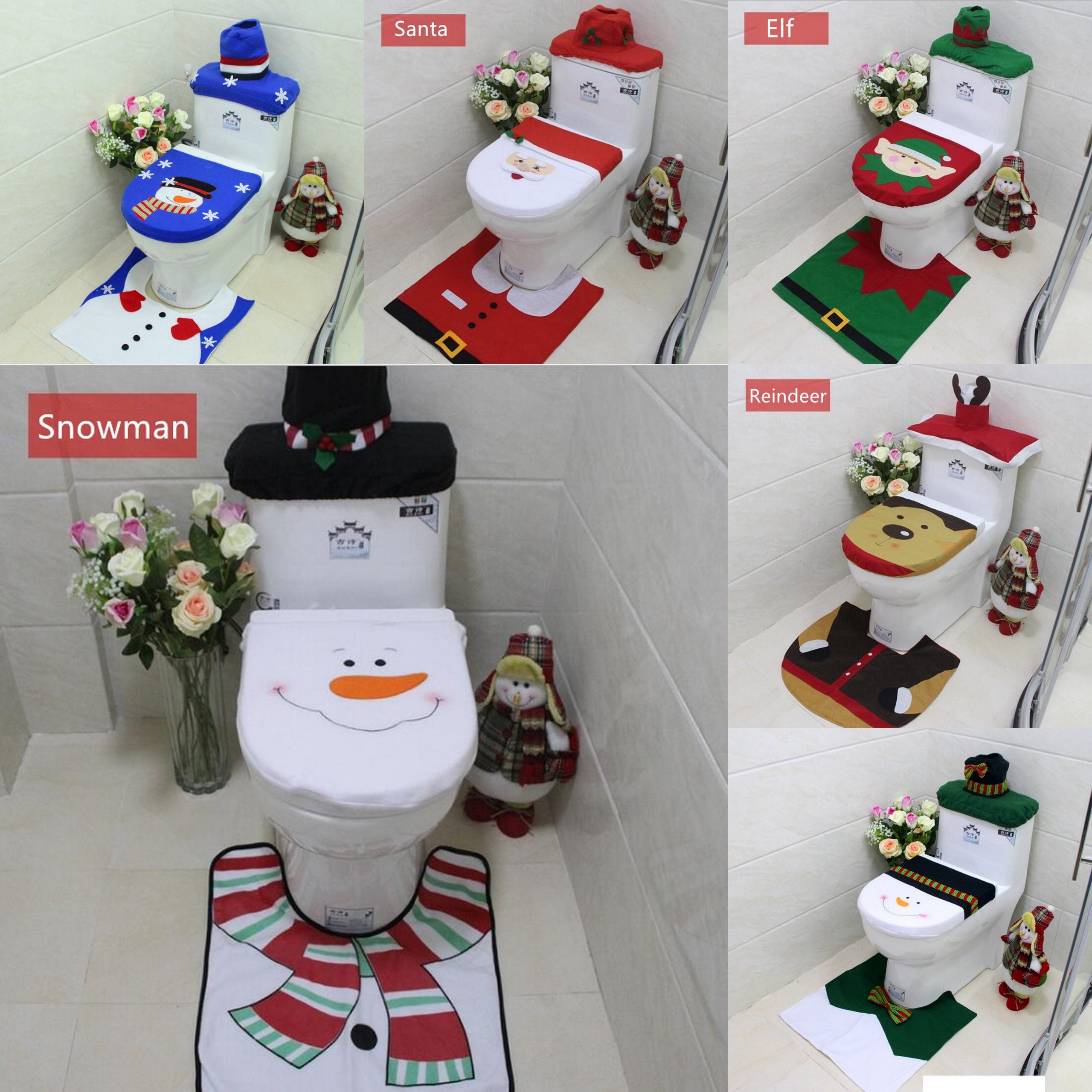 4pcs Christmas Toilet Seat Cover Rug Bathroom Set Santa Snowman Xmas Home Decor - Zmart Australia