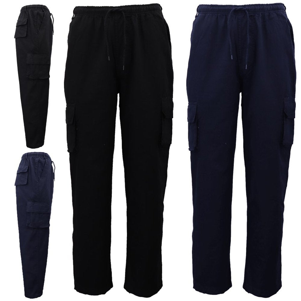 Men's 100% Cotton Drill Elastic Waist Cargo Work Pants Jeans Trousers 6 Pockets - Zmart Australia