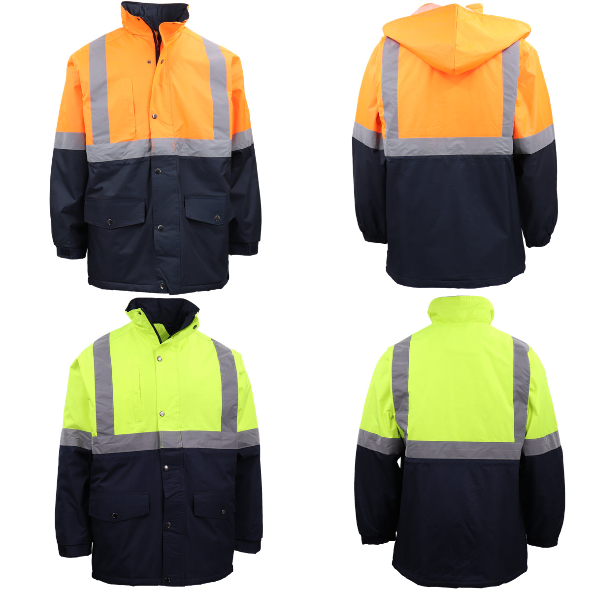 Men's Hi Vis Waterproof Rain Jacket Reflective Tape Quilted Workwear Hooded Coat - Zmart Australia