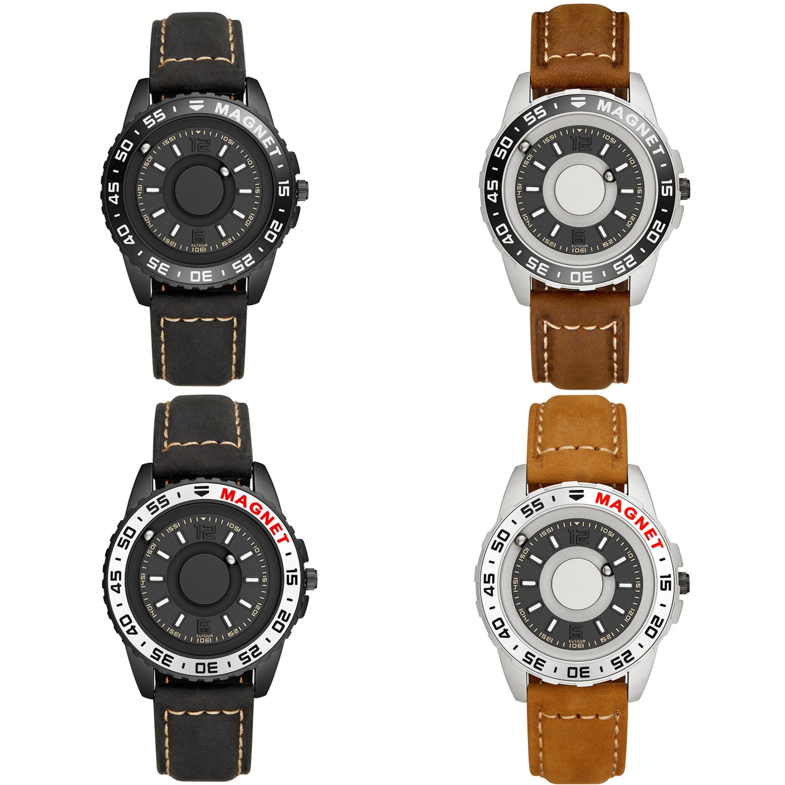 Mens Unisex Magnetic Quartz Cascual Sports Black Silver Wrist Watch Leather Band - Zmart Australia