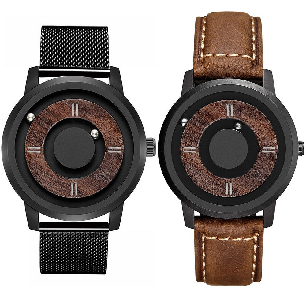 Men's Wooden Dial Magnetic Quartz Sports Cascual Wrist Watch Steel Leather Strap - Zmart Australia
