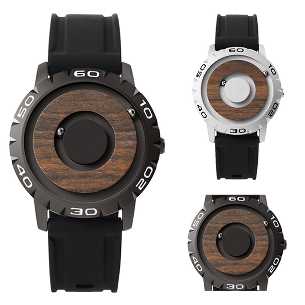 New Magnetic Wooden Quartz Wrist Watch No Pointer Sports Rubber Waterproof Strap - Zmart Australia