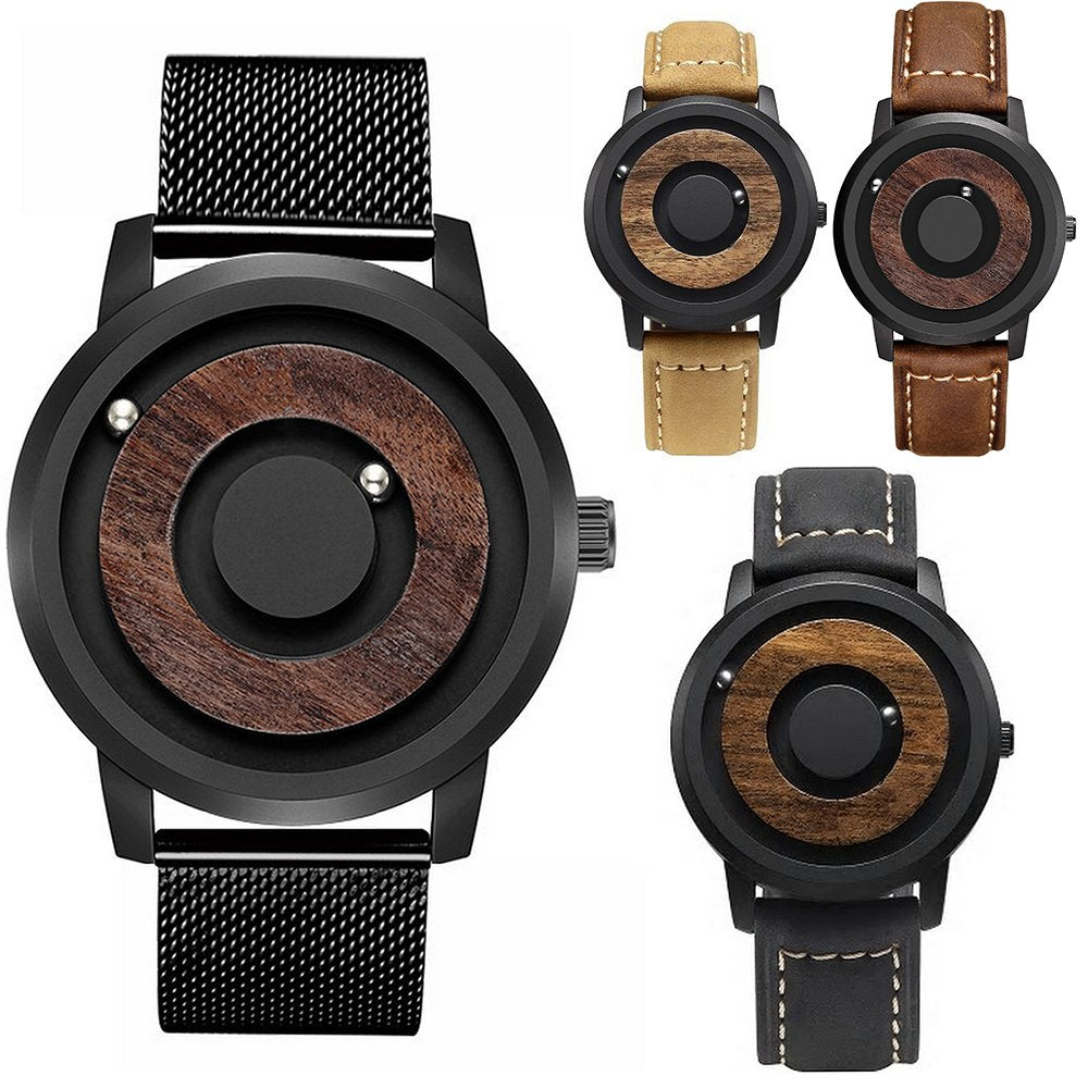 New Mens Innovative Wooden Magnetic Quartz Sports Watch Steel Leather Strap Gift - Zmart Australia