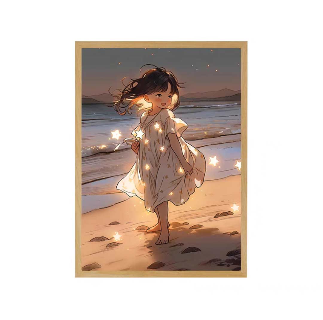 Yitoto™夕暮れの光と影のフレーム-海辺の男の子と女の子